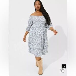 Off-Shoulder Blue Floral Midi Dress